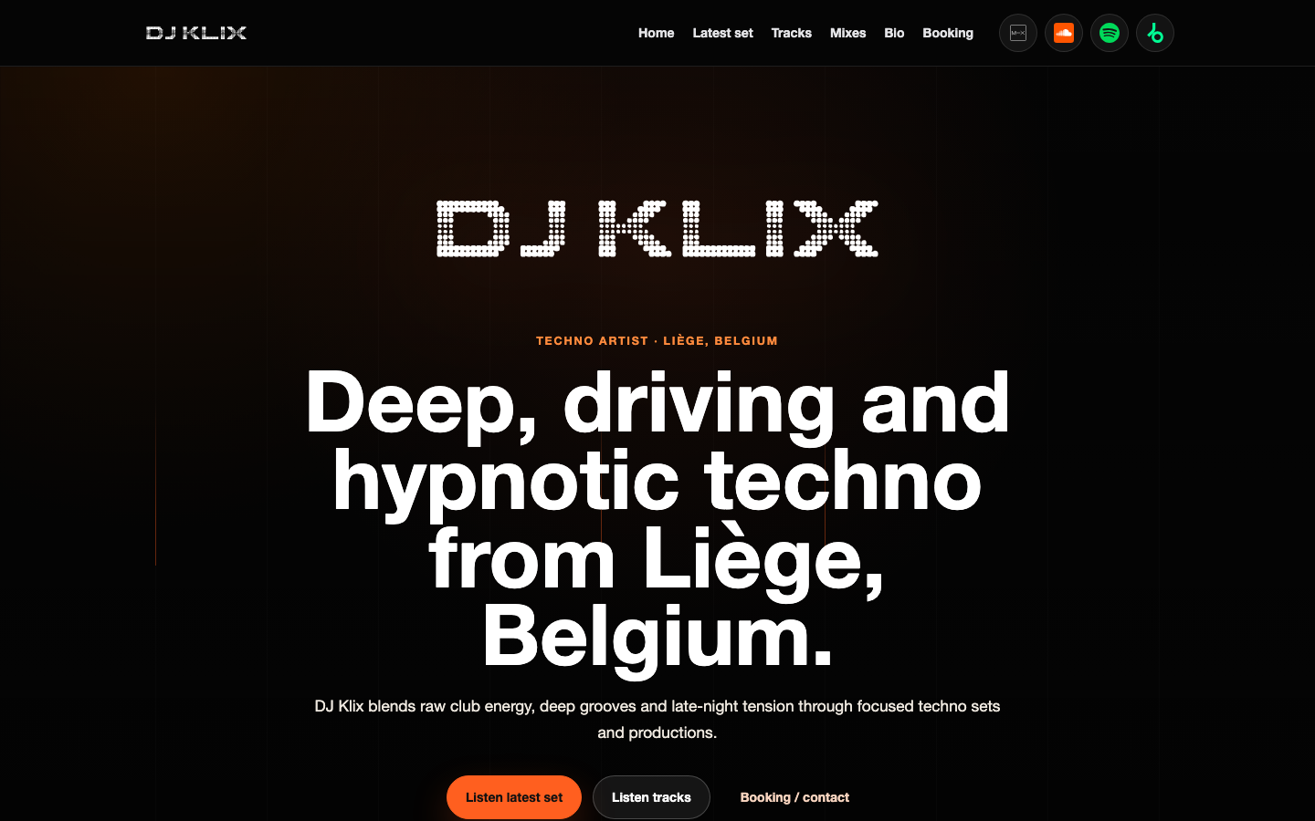 Aperçu du site DJ Klix avec son identité sombre et ses contenus musicaux.